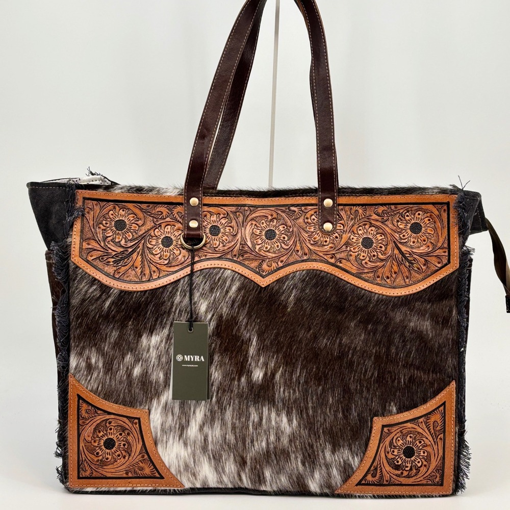 Myra‎ Bag Cartwright Hand-Tooled Bag Weekender Large Brown White Cowhide Denim